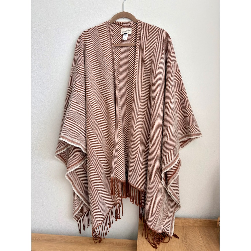 Universal Thread Rust Brown Herringbone Fringe Poncho Wrap Plus OSFM